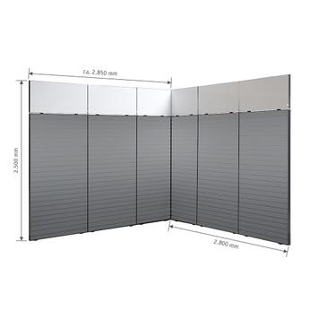 FlexiSlot® Slatwall Exhibition Stand "Style Black" 2850 x 2800 mm Corner Stand