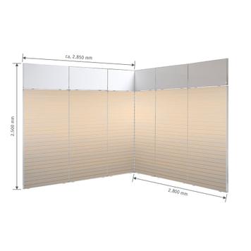 FlexiSlot-® lamellenwand beursstand „Style“ | 2.850 x 2.800 mm hoekopstelling